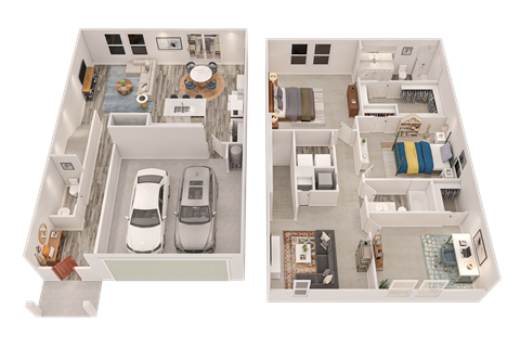 A top down view of a house with two cars parked in the driveway.